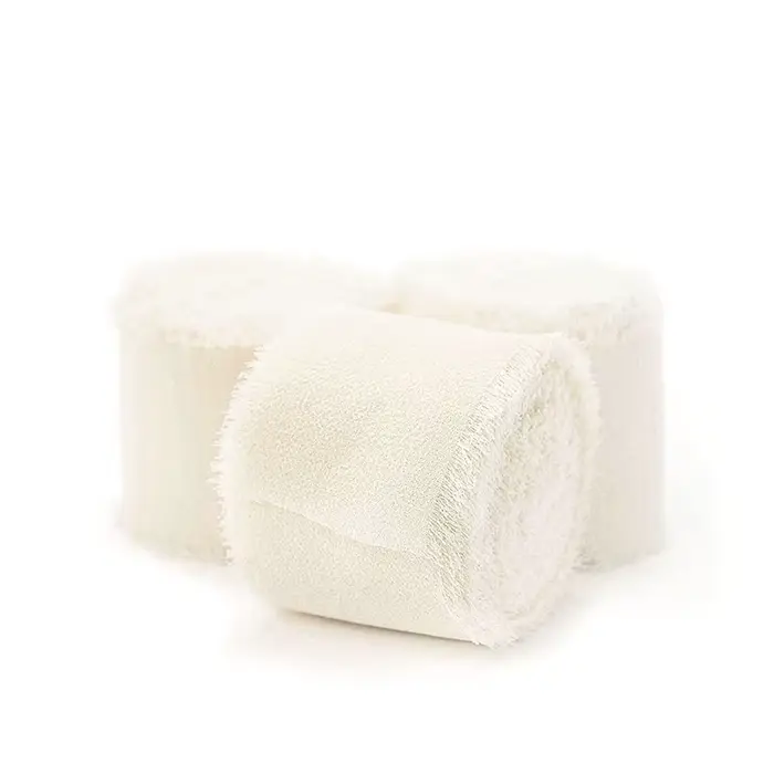 3 rouleaux de ruban en mousseline de soie fait à la main, blanc crème/noir, pour emballage de cadeau