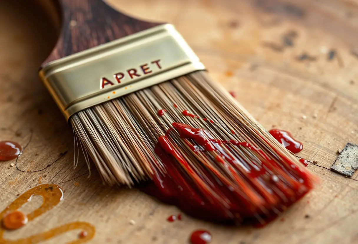 Pinceau trempé dans de l'apprêt garnissant posé sur une palette en bois