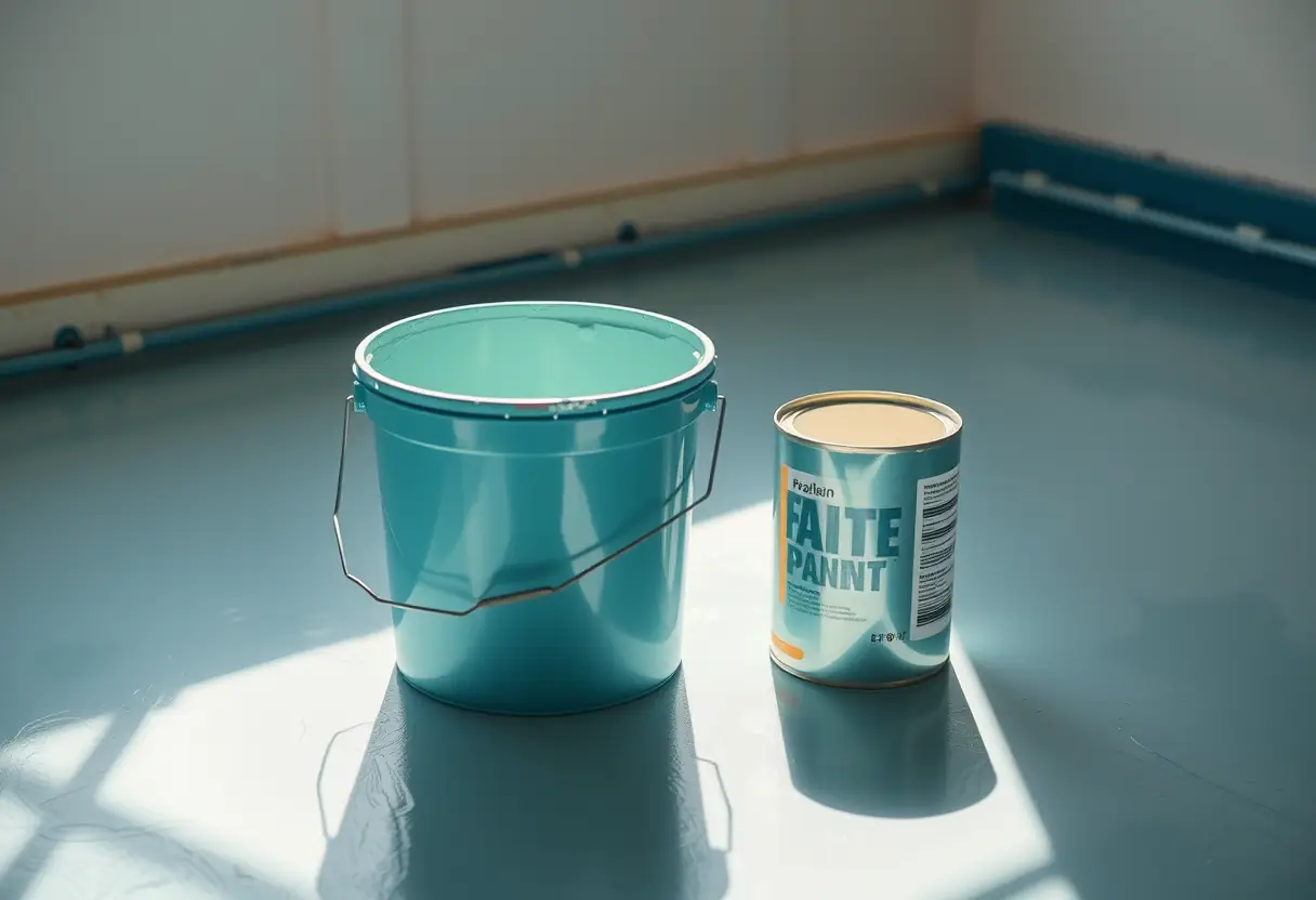 Bocal de peinture et pot partiellement ouvert sur un sol fraîchement repeint