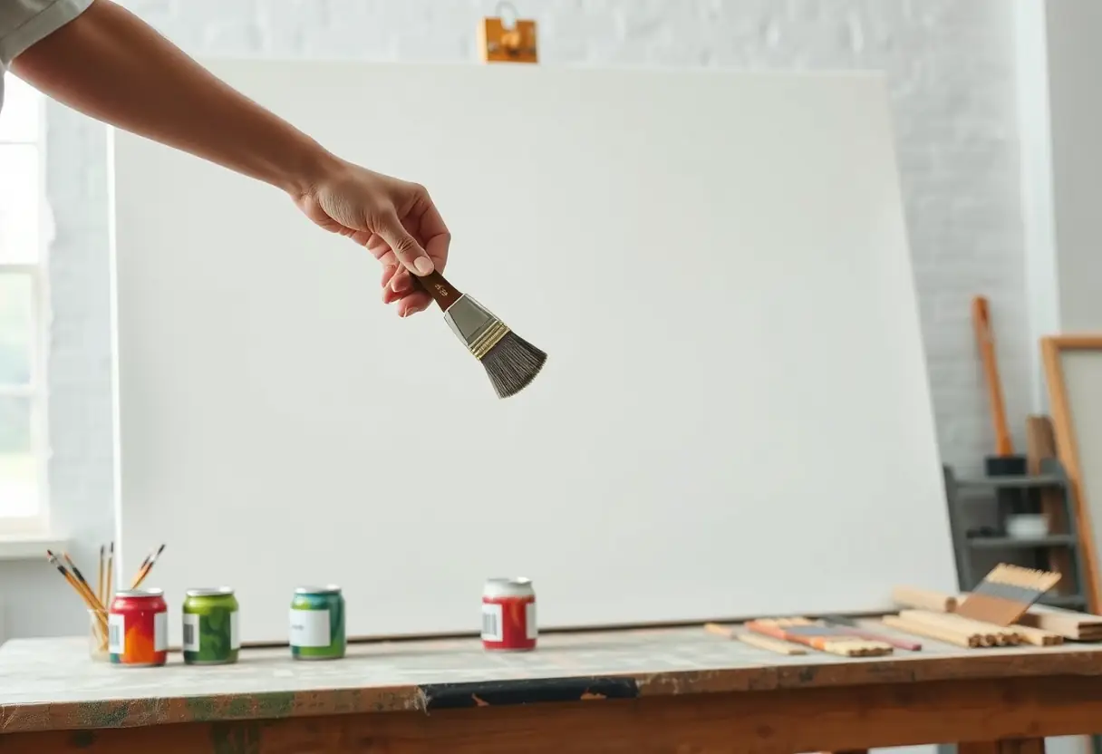 Un atelier de peinture avec des seaux de peinture et des pinceaux posés sur un chevalet.