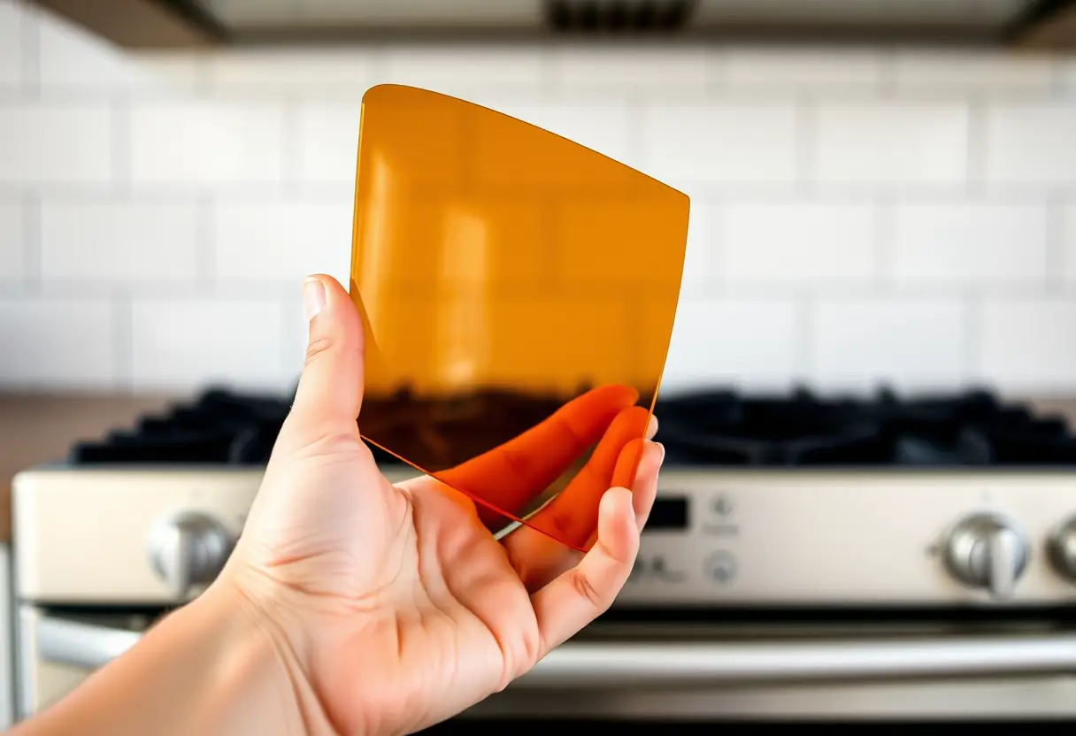 Une main tient un morceau de verre légèrement courbé et teinté d'ambre pour tester sa transparence et sa durabilité
